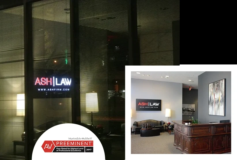 ASH LAW Office exterior at night with illuminated ASH Law sign and website, alongside a daytime view of a modern reception area with wooden desk and seating