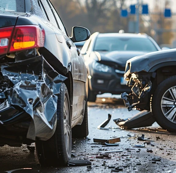 Two cars with severe front and rear damage after a collision, debris scattered on the road during daylight