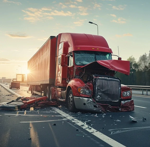 Red semi-truck with severe front-end damage and debris scattered on highway at sunset